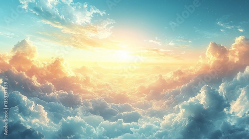 Heavenly sunrise above fluffy clouds.
