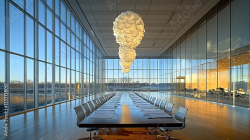 Obraz na płótnie Modern conference room with large windows and a unique chandelier. w salonie