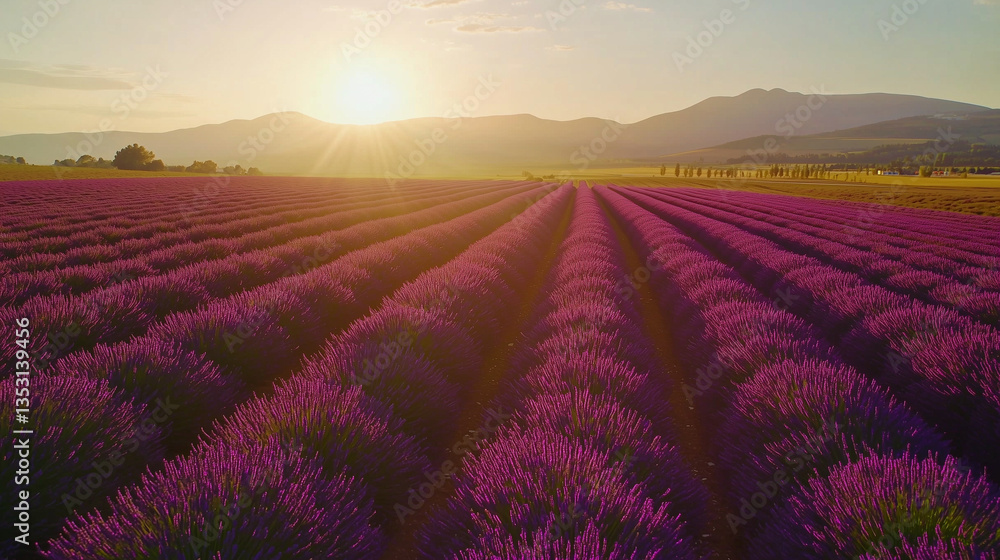 Drone shot flying over a vast field of blooming lavender at golden hour Drone shot flying over a vast field of blooming lavender at golden hour