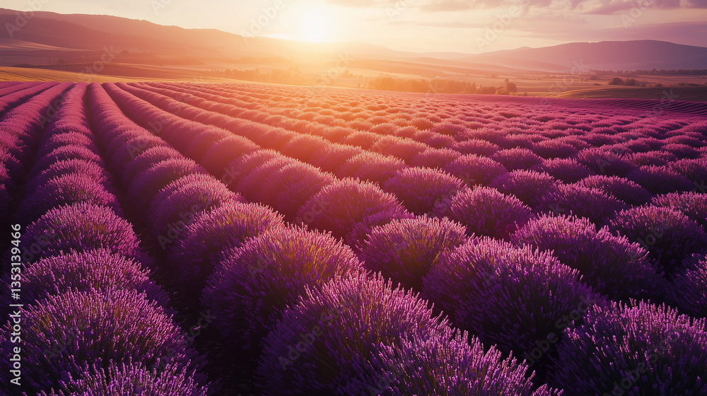 Fototapeta premium Drone shot flying over a vast field of blooming lavender at golden hour