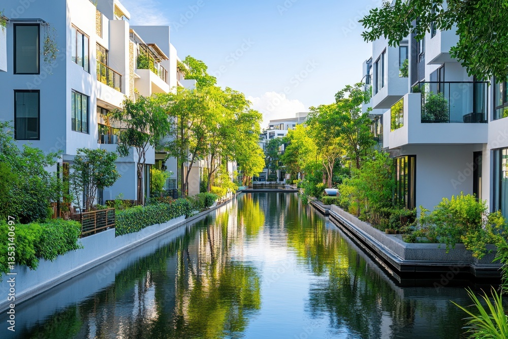 Modern architecture and waterside homes surrounded by lush green trees Modern architecture and waterside homes surrounded by lush green trees