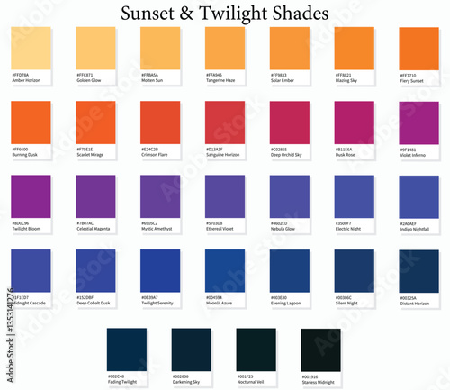 Color Swatches 32 Sunset and Twilight Shades - 3d Light, Orange, Pink, Blue to Dark Deep Tones - with HEX Codes and Names, Colour Palette, Scheme and Combinations