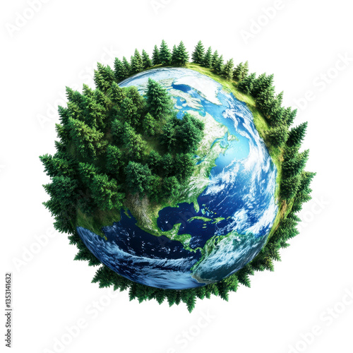 Earth globe wrapped in green foliage and trees in a watercolor style isolated on transparent background