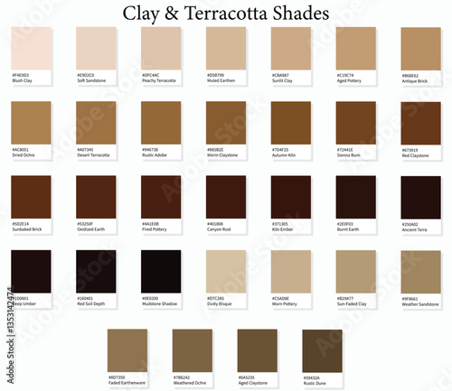 Color Swatches 32 Clay and Terracotta Shades - 3d Light Faded Browns to Dark Deep Tones - with HEX Codes and Names, Colour Palette, Scheme and Combinations