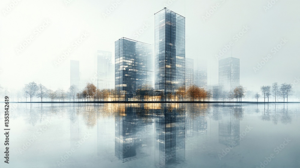 Obraz premium Modern Skyscrapers Waterfront Reflection Cityscape