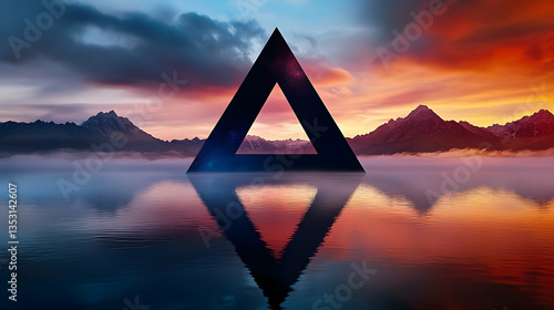 Sunset mountainscape with triangle reflection, serene lake, digital art, wallpaper