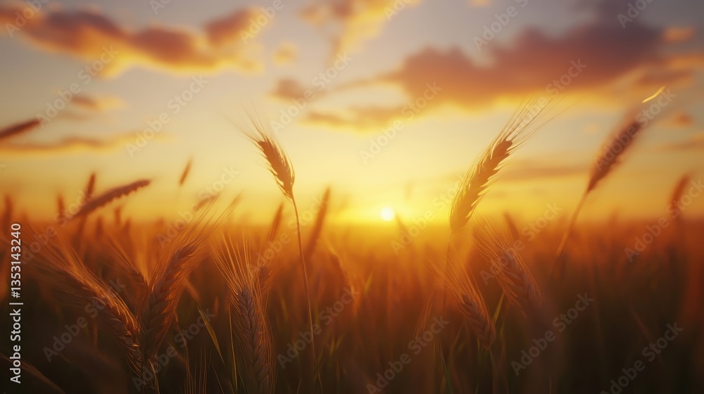 Naklejka premium Golden Hour Wheat Field Sunset Serenity.