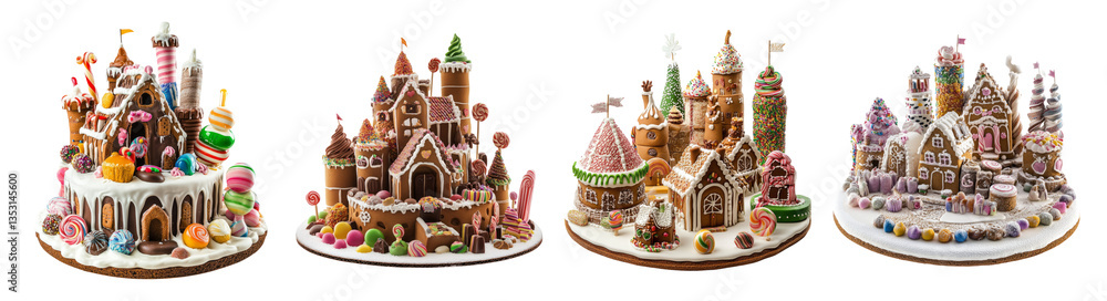 Naklejka premium Colorful Gingerbread Houses Decorated with Sweets and Treats, PNG bundle collection, Isolated on Transparent Background