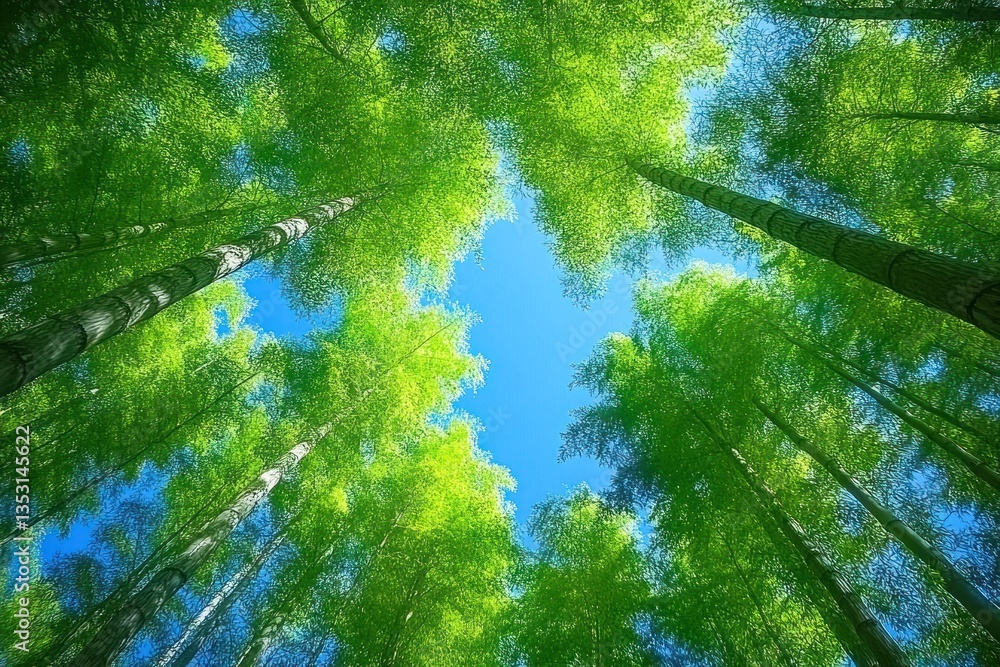Fototapeta premium Looking up at tall trees and a clear blue sky