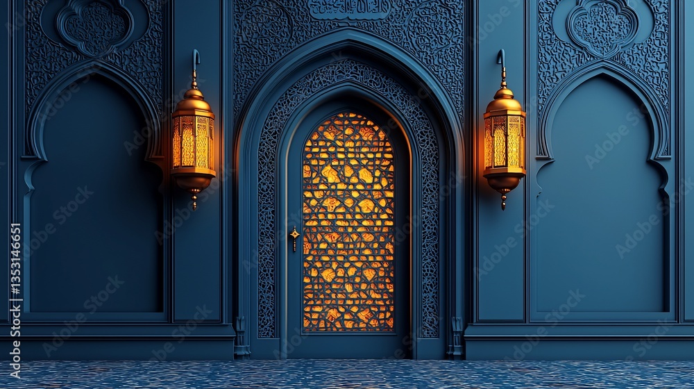 Ornate Islamic door with lanterns at night.