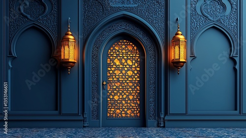 Obraz na płótnie Ornate Islamic door with lanterns at night. w salonie