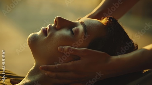 Side view of a physiotherapist's hands during cranial sacral therapy, clear detail on head and shoulders of patient, natural warm lighting