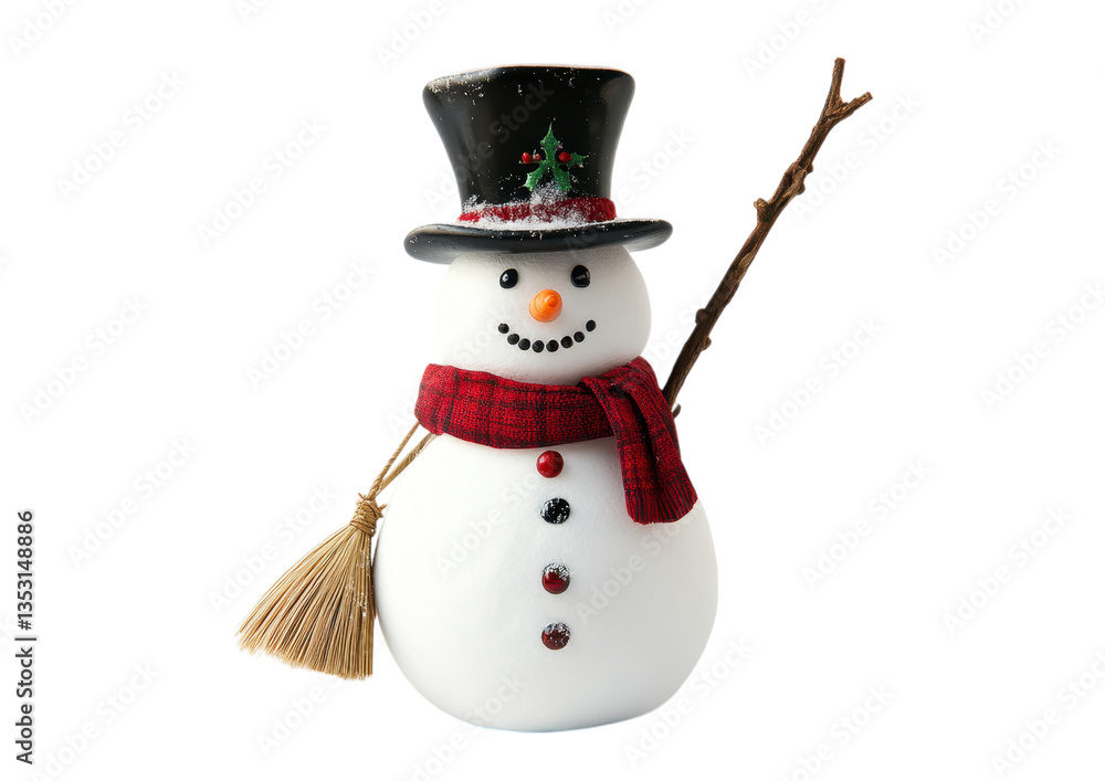 Fototapeta premium Festive Snowman Holding a Broom with a Friendly Smile. Isolated on a Transparent Background