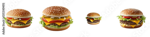 Wallpaper Mural Four burgers of varying sizes with sesame buns, cheese, lettuce, tomato and pickles Torontodigital.ca