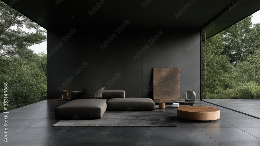 Fototapeta premium Minimalist living room with a dark grey sectional sofa and wooden coffee table features large windows overlooking a green forest.