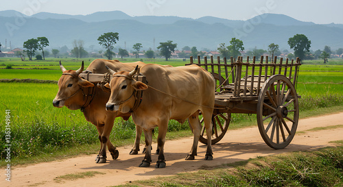 Traditional bullock carts Two majestic oxen harnessed to a wooden cart traverse a serene dirt path, surrounded by lush green fields, with towering mountains in the distance
