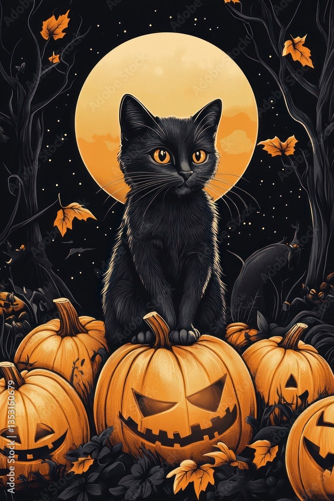 A black cat perched atop pumpkins on a spooky night A black cat perched atop pumpkins on a spooky night