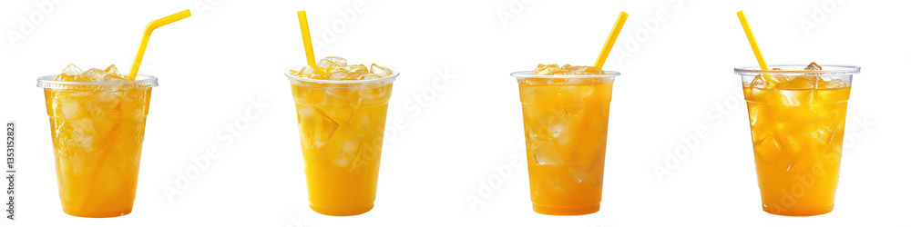 Four orange drinks with ice yellow straws in clear plastic cups Four orange drinks with ice yellow straws in clear plastic cups