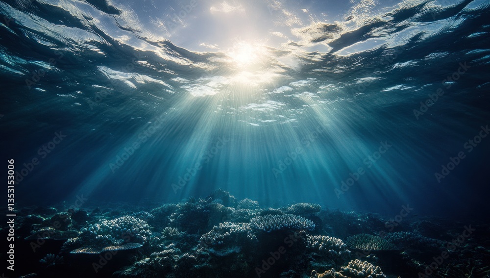 Sunlight streams through ocean waves onto a vibrant reef below Sunlight streams through ocean waves onto a vibrant reef below