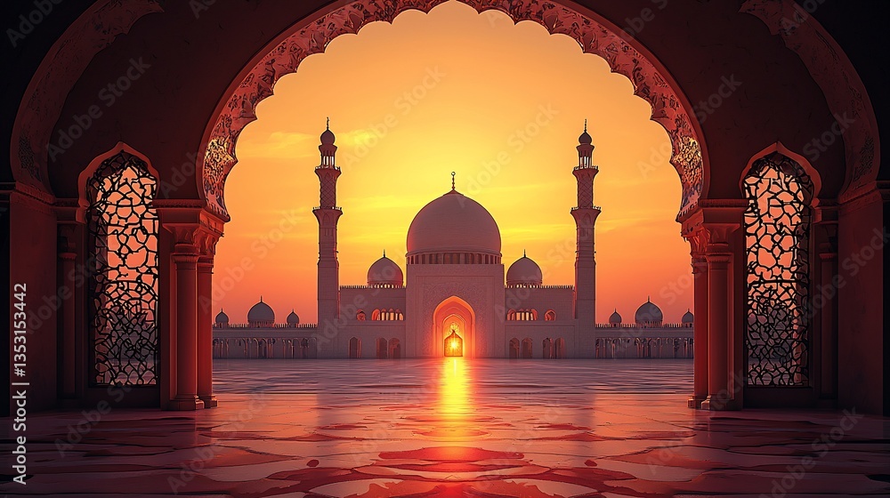 Sunset view of a grand mosque through an archway.