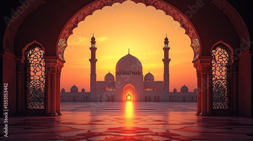 Obraz na płótnie Sunset view of a grand mosque through an archway. w salonie