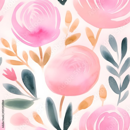 Watercolor floral seamless pattern with pink roses and leaves. Romantic botanical design for wedding invitation, greeting card, wallpaper, fabric. Feminine pastel art