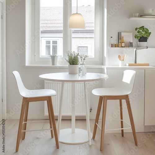Wallpaper Mural White Dining Table Set with Two Chairs and One Bar Stool in Light-Colored Kitchen Interior Torontodigital.ca