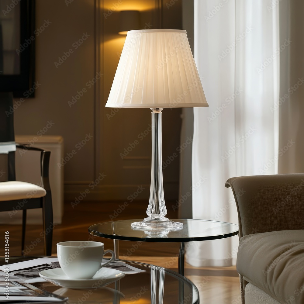 White Table Lamp on Glass Side Table with Coffee Cup and Chair in Front White Table Lamp on Glass Side Table with Coffee Cup and Chair in Front