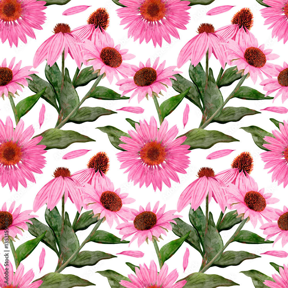 Obraz premium A Beautiful Vibrant Pink Flower Pattern Surrounded by Lush Green Leaves All Around