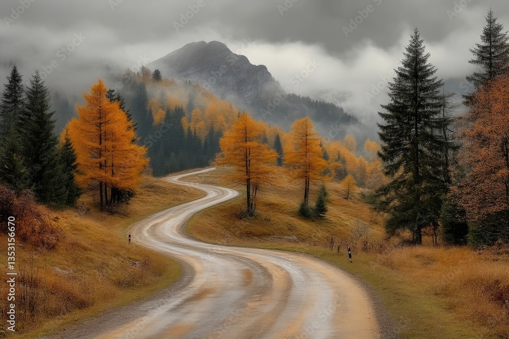 Winding road through autumnal mountains. Misty, colorful landscape with a curving path leading into a mountainous region. Winding road through autumnal mountains. Misty, colorful landscape with a curving path leading into a mountainous region.