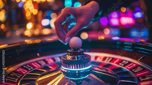Topdown angle of a croupier holding a roulette ball over a spinning wheel, dynamic lighting, vivid casino color palette, luxurious style