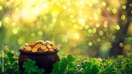Magic rainbow leading to a pot of sparkling gold coins, surrounded by bright green clovers, vibrant festive background for St. Patrick's Day