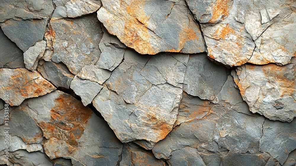 Rough, grey and orange stone wall texture.