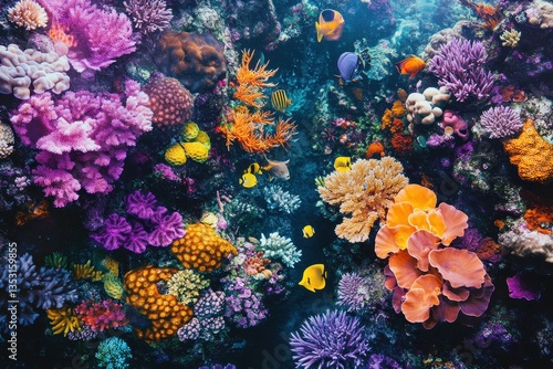 Fototapeta Naklejka Na Ścianę i Meble -  Vibrant coral reef bustling with colorful fish amidst shimmering water in an underwater paradise during daylight hours