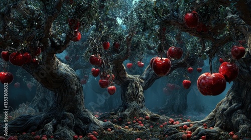 Enchanted Apple Orchard Mystical Forest of Red Apples.