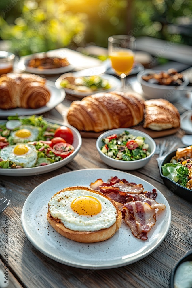 Outdoor brunch feast with assorted dishes Outdoor brunch feast with assorted dishes