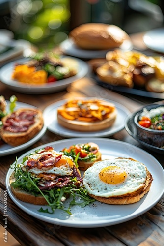 Outdoor cafe breakfast spread.  A variety of delicious dishes, including sandwiches, pastries, and eggs, are beautifully arranged on a wooden table