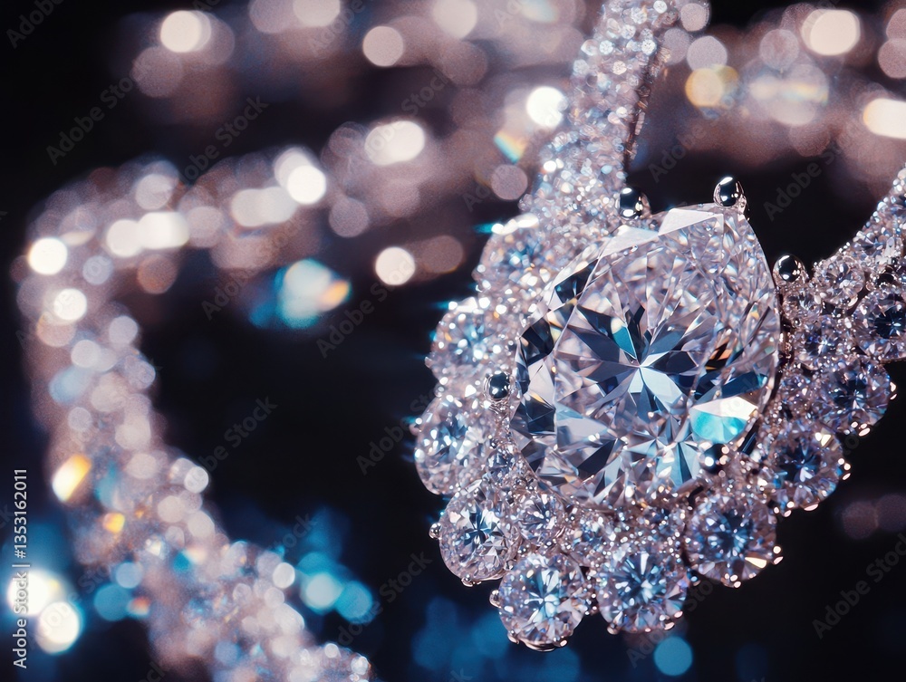 A dazzling diamond necklace shimmers and sparkles, set against a dark background that amplifies its brilliant display of light and color. A dazzling diamond necklace shimmers and sparkles, set against a dark background that amplifies its brilliant display of light and color.