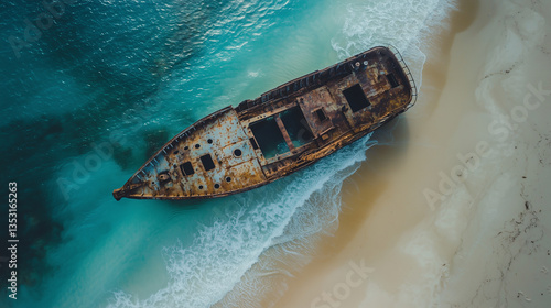 Aerial view of an abandoned shipwreck on a remote island beach photo