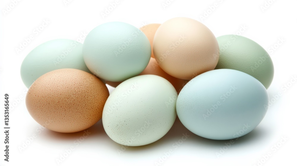 Fresh Eggs in Pastel Colors on White Background Fresh Eggs in Pastel Colors on White Background