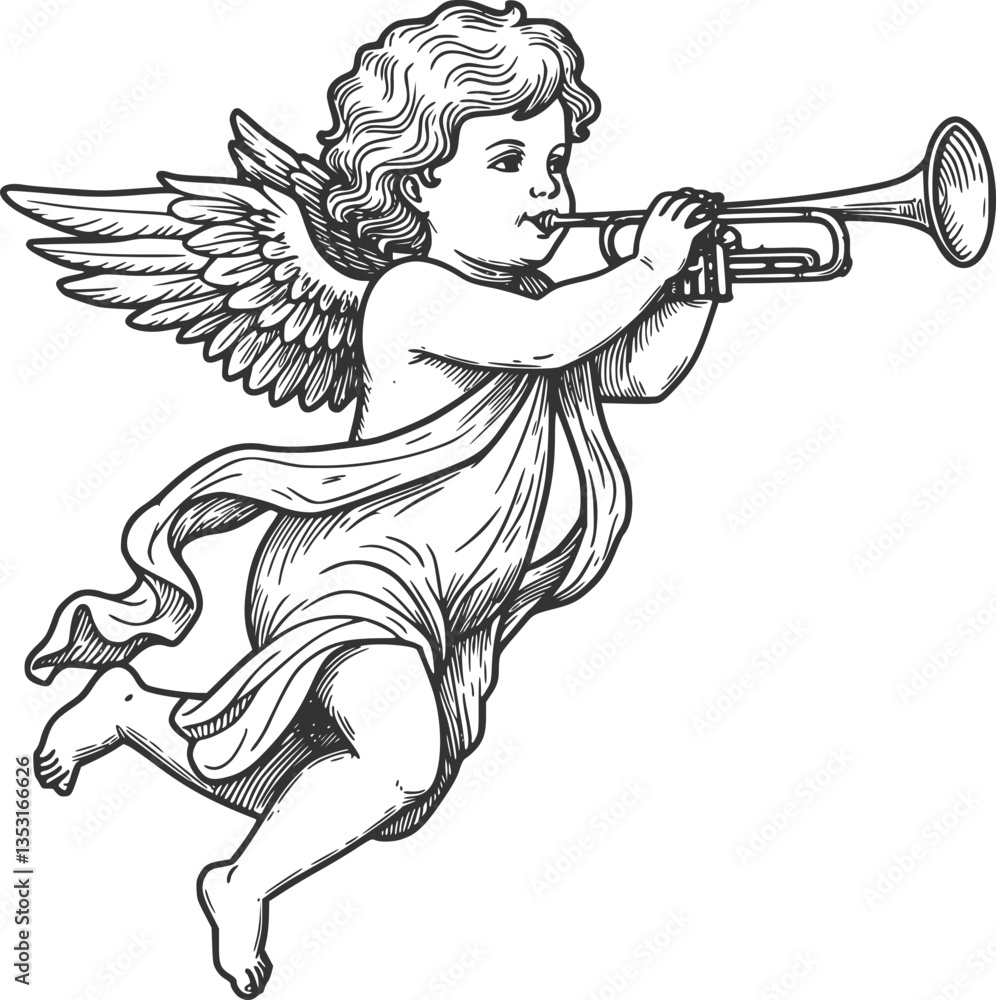 Naklejka premium Vintage Cherub with Trumpet Vector Illustration 