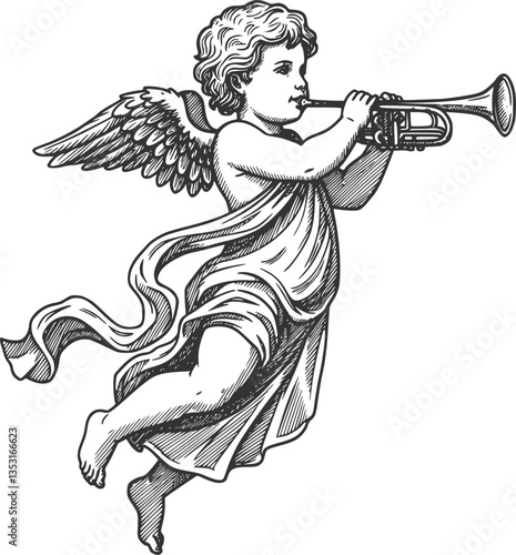 Vintage Cherub with Trumpet Vector Illustration
