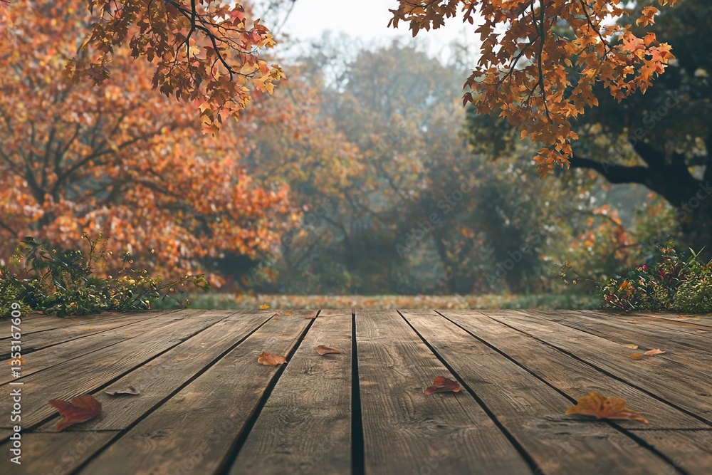 Dreamy Fall Park Scene With a Rustic Wooden Walkway and Bright Leaves Dreamy Fall Park Scene With a Rustic Wooden Walkway and Bright Leaves