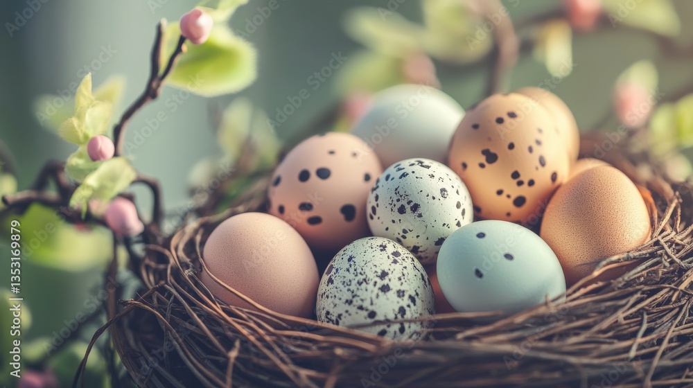 Fresh Eggs Nest with Natural Elements on White Background Fresh Eggs Nest with Natural Elements on White Background
