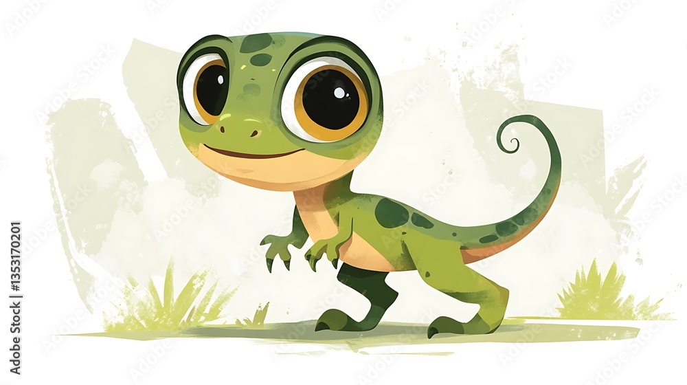 Fototapeta premium A Smiling Green Cartoon Dinosaur Standing On A Grassy Surface