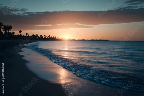 Sunrise over tranquil beach, palm trees, ocean; travel photography