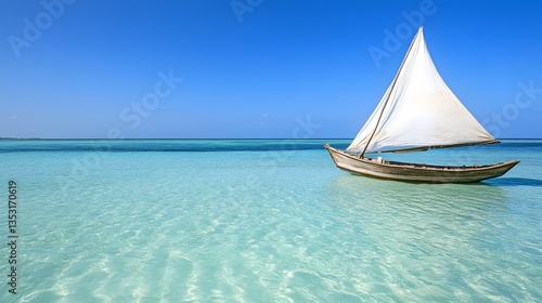 A traditional dhow boat sailing on the clear waters of Zanzibar