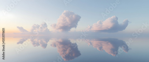 Peaceful sunrise clouds reflected in calm water.  Serenity landscape
