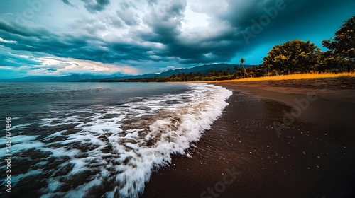 Tropical beach sunset, dark clouds, ocean waves