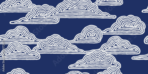 Seamless, cute hand drawn brush lines abstract clouds pattern in white and blue, Japanese and ethnic wood carving textured surface background, minimal graphic for textile, carpet, decoration